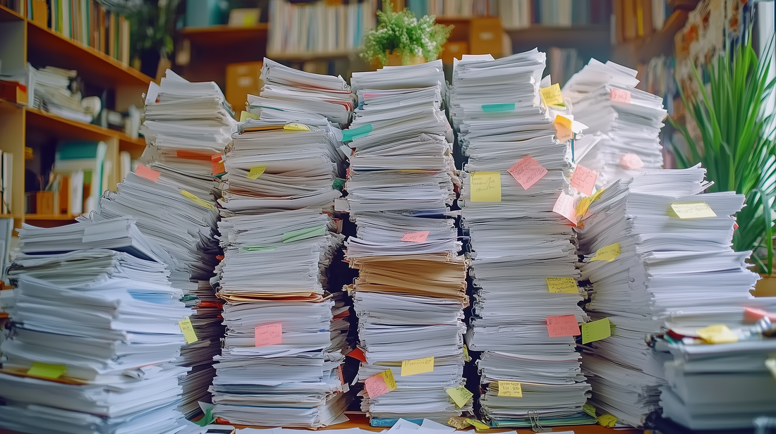 Ein großer Stapel Papier auf einem Büroschreibtisch.