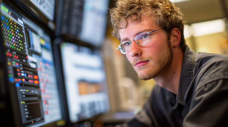 Ein Systemadministrator vor einem Bildschirmarray.