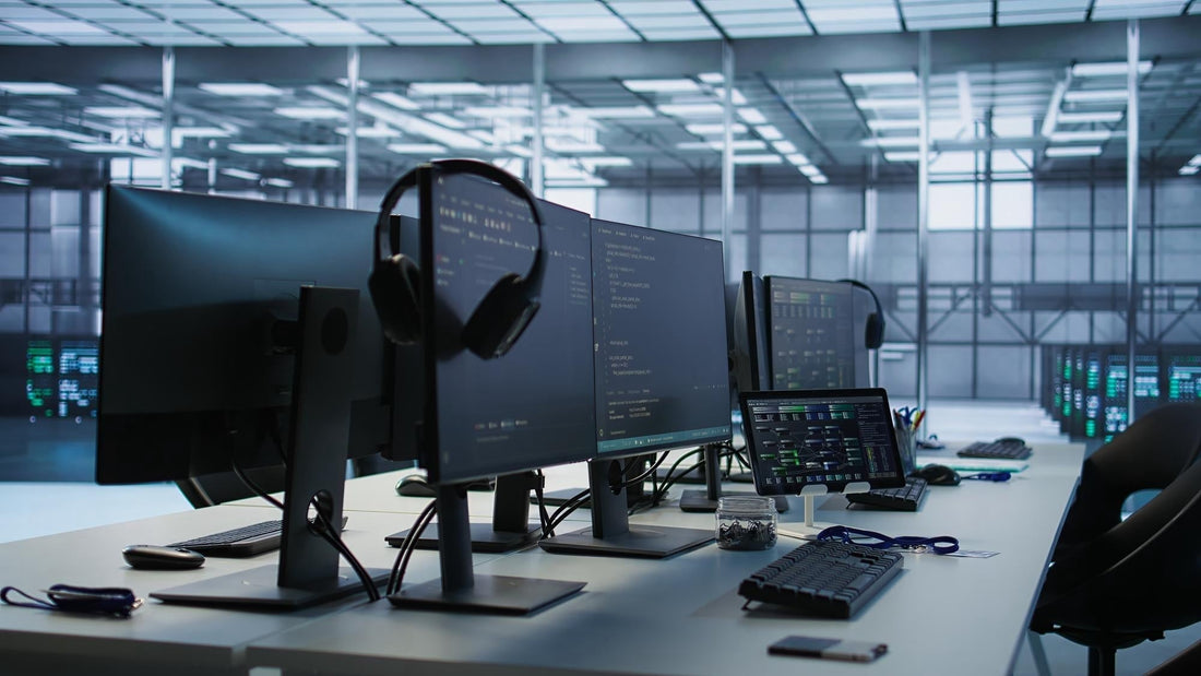 A desk with a row of monitors on it