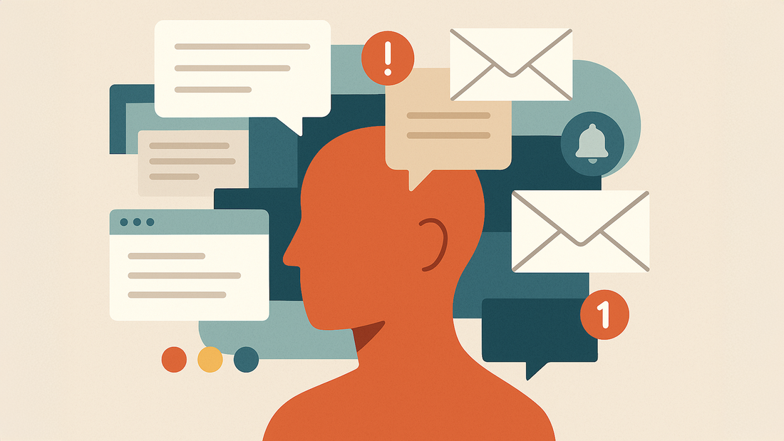 Eine Illustration eines Kopfes, um diesen herum befinden sich Sprechblasen und E-Mail-Symbole.