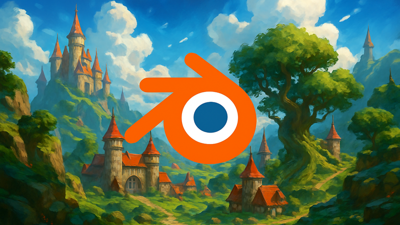 Eine Videospielewelt mit dem Blender-Logo in der Mitte.