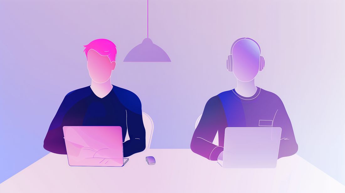 Zwei Personen sitzen jeweils vor einem Laptop an einem Tisch.