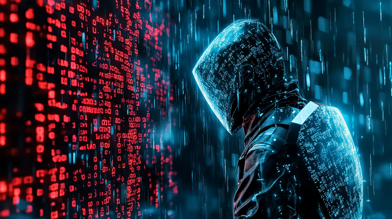 Ein Hacker vor einer Wand aus rotem Code.