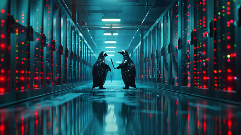 Zwei Pinguine stehen in einem Serverraum.