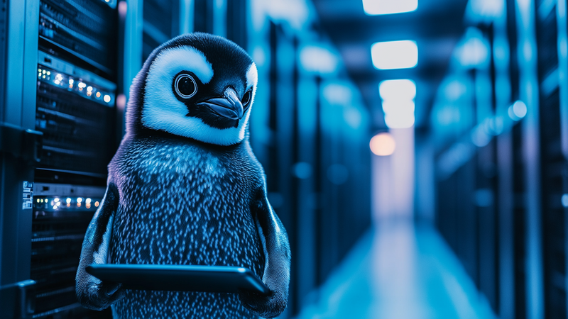 In einem Serverraum steht ein Pinguin mit einem Tabletcomputer in den Händen.