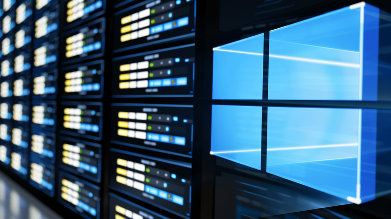 Eine Illustration von einem Serverrack mit Windows-Logo.