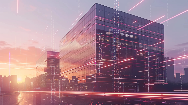 Ein Bürogebäude in einer Stadt.