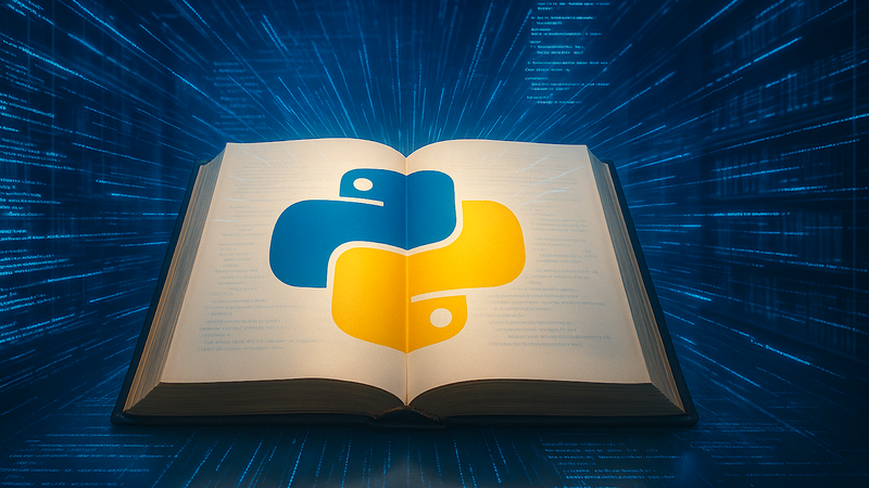 Ein offenes Buch offenbart das Python-Logo.