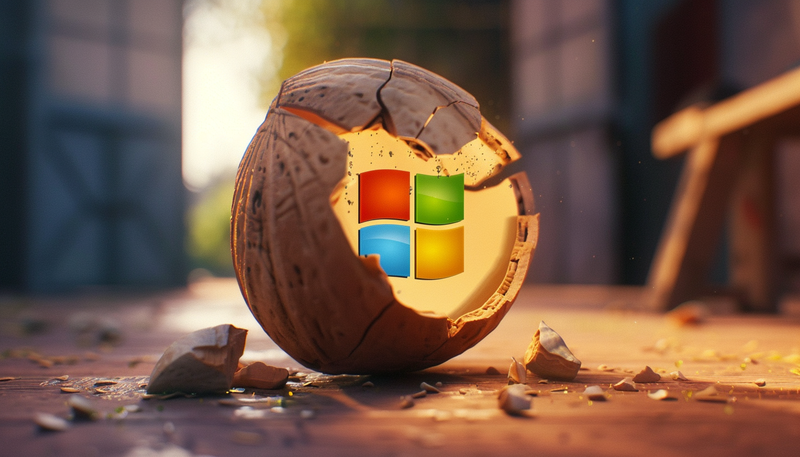 Eine aufgebrochene Nussschale, in der sich ein Microsoft-Logo befindet.