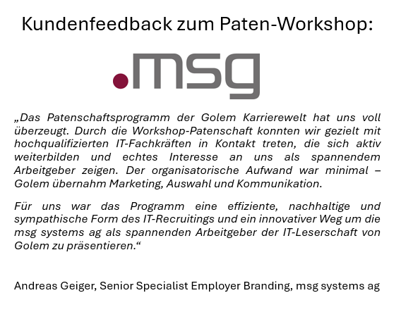 Patenschaftsprogramm: Paten-Workshop in der Golem Karrierewelt (max. Gültigkeit 12 Monate)