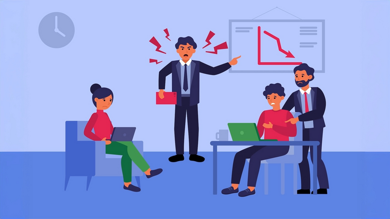 Eine Illustration eines meckernden Managers vor Mitarbeitern.