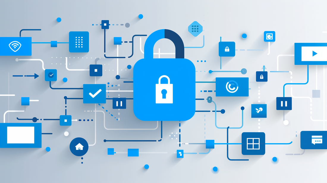 Eine Illustration eines sicheren Netzwerkes mit einem zentralen Vorhängeschloss.