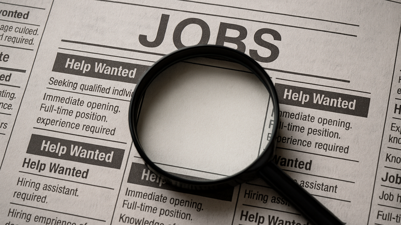 A help wanted section in a newspaper with a magnifying glass pointing to a blank job ad symbolizing ghost jobs.