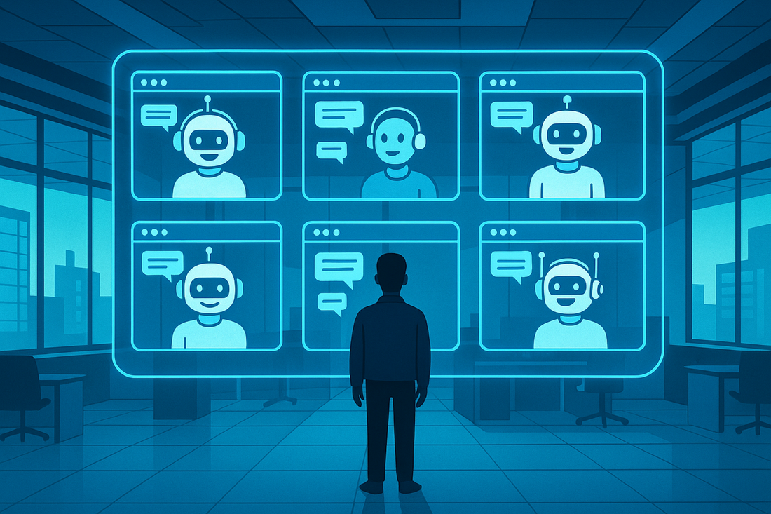 Ein Mann steht vor einem großen Bildschirm, der mehrere KI-Chatbots darstellt.