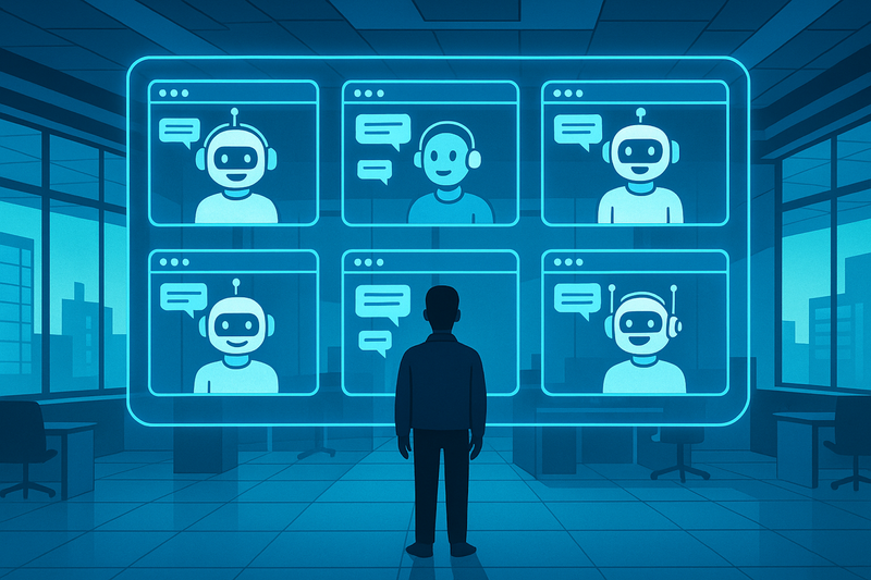 Ein Mann steht vor einem großen Bildschirm, der mehrere KI-Chatbots darstellt.