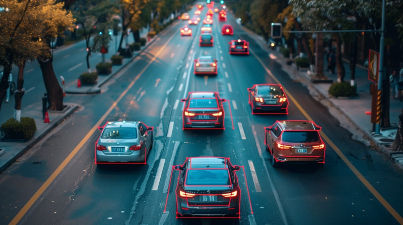 Autos mit roter Outline auf einer dreispurigen Straße.