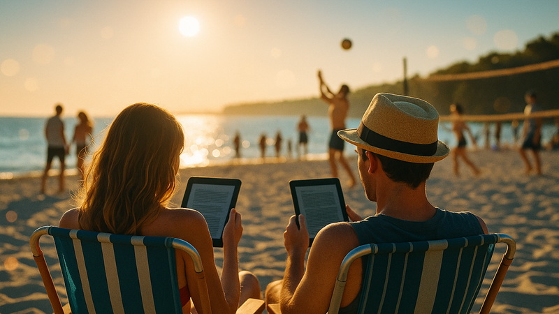Eine Frau und ein Mann mit Tabletcomputern in den Händen am Strand.