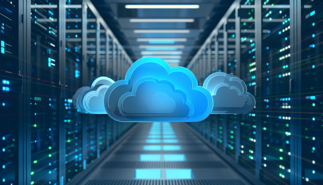 Ein Serverraum mit Cloudsymbolen.