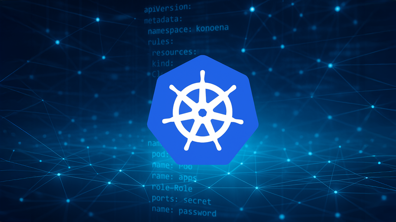 Das Kubernetes-Logo vor einem digitalen Hintergrund.