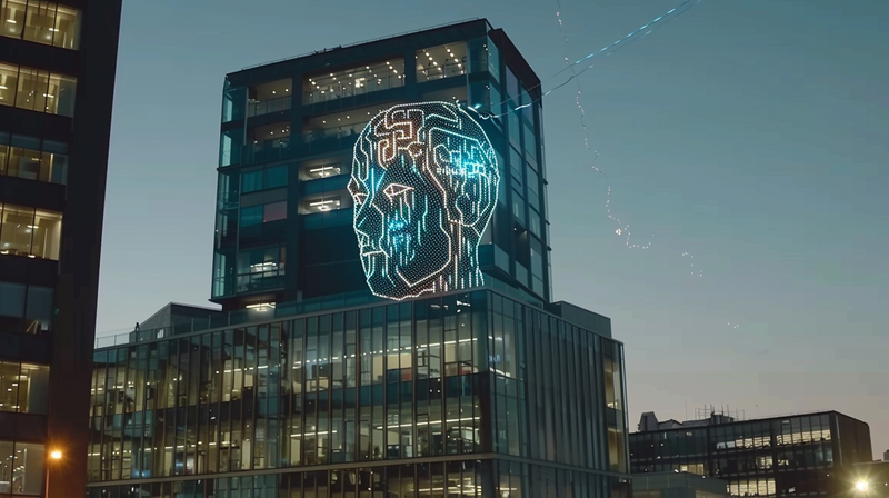 Ein Bürogebäude und ein holographischer Kopf.