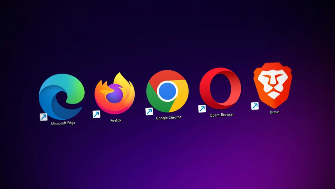 Die Desktopsymbole von Edge, Firefox, Chrome, Opera und Brave in einer Reihe.