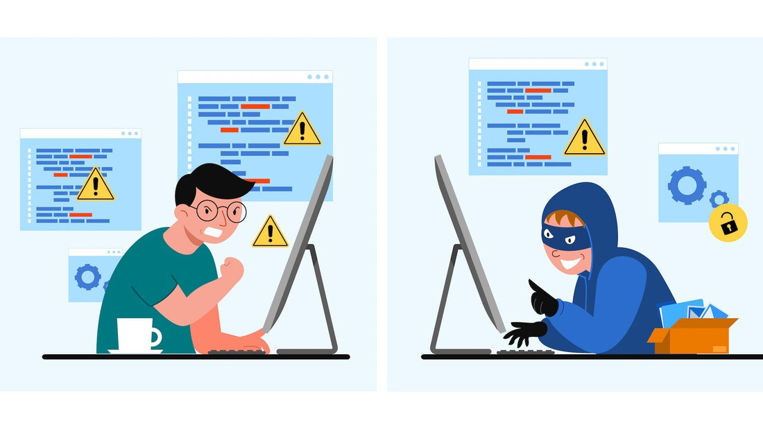 Ein Betrugsopfer und ein Betrüger sitzen jeweils vor einem Computer.